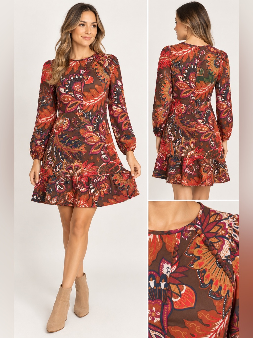 LOFT Rust Paisley Long-Sleeve Ruffle Hem Dress